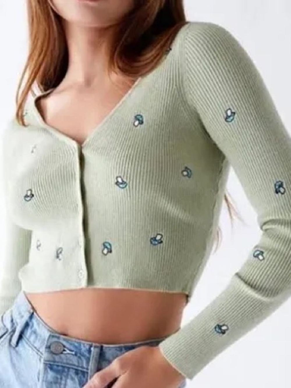 La Hearts Light Olive Green Cropped V-Neck Embroidered Cardigan